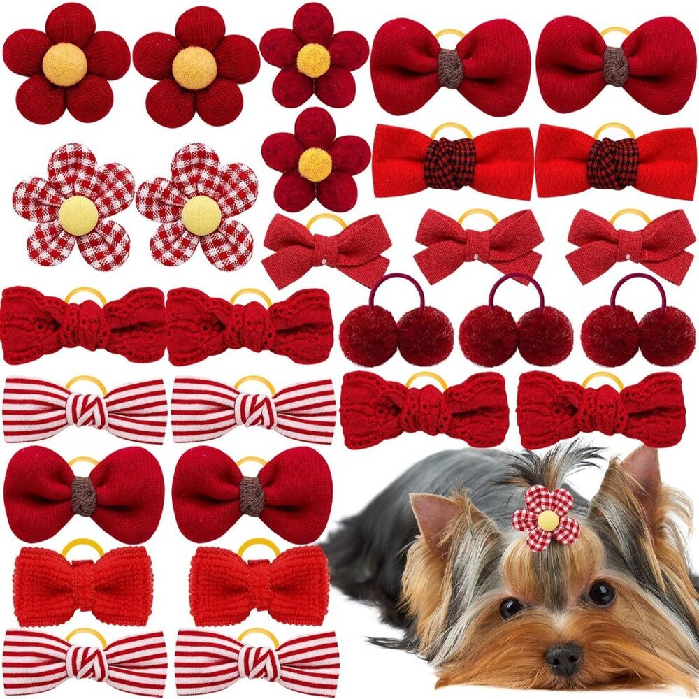 20pc Red Small Dog Hair Bows with Rubber Bands, Bulk Puppy Dog Hair Bows, Mix Ha